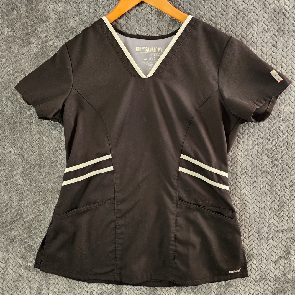 Greys Anatomy Active Black V Neck‎ Scrub Top Short Sleeve Womens M
